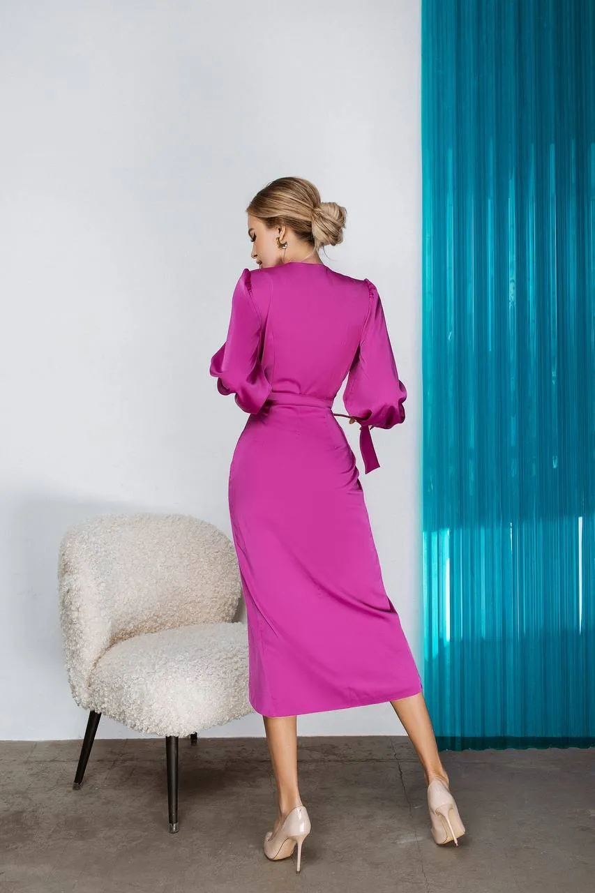 Fuchsia Wrap Long Sleeve Midi Dress