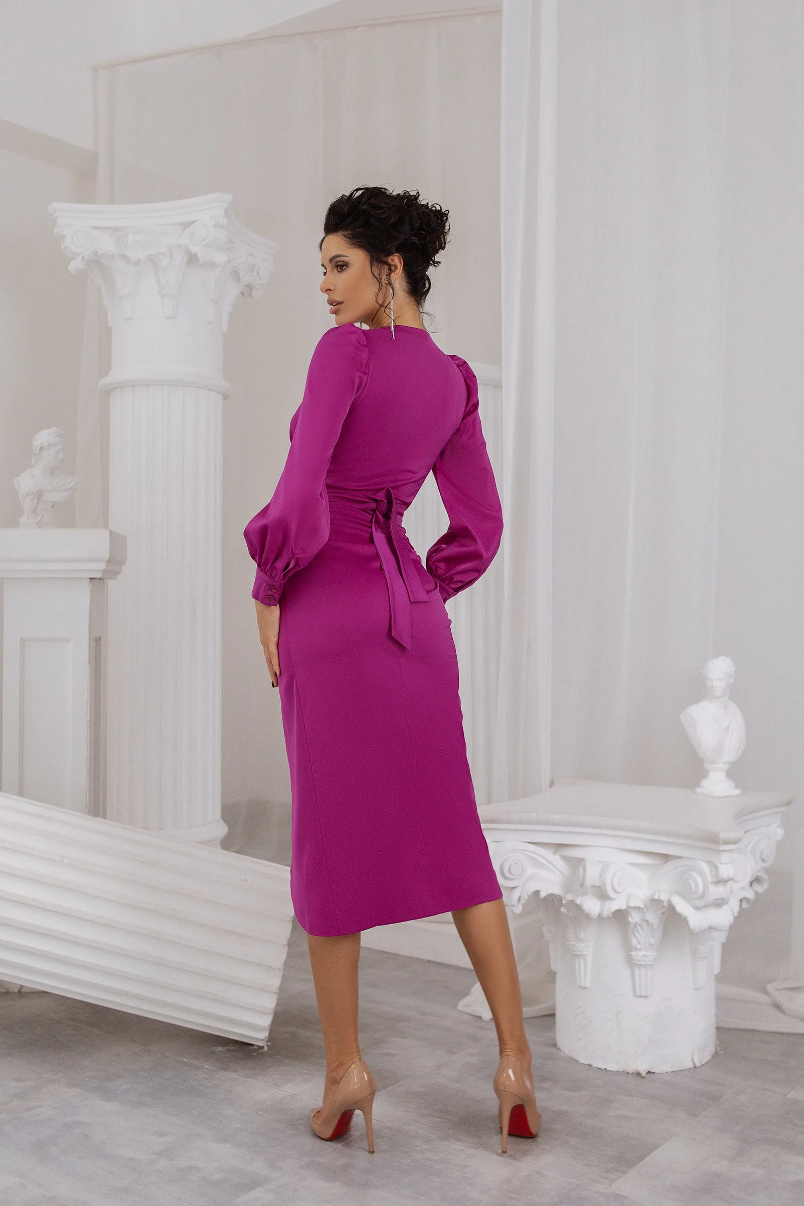 Fuchsia Wrap Long Sleeve Midi Dress