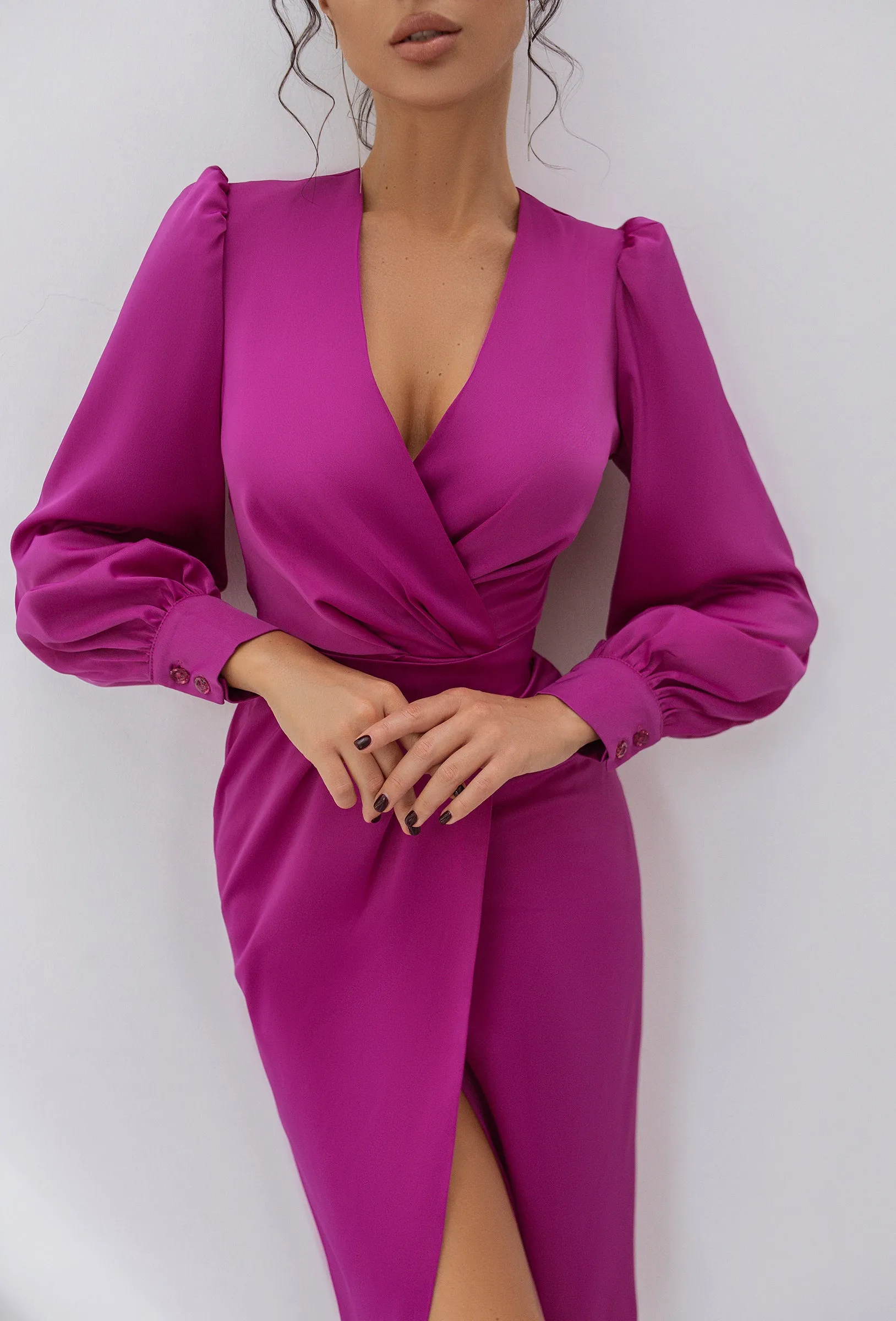 Fuchsia Wrap Long Sleeve Midi Dress