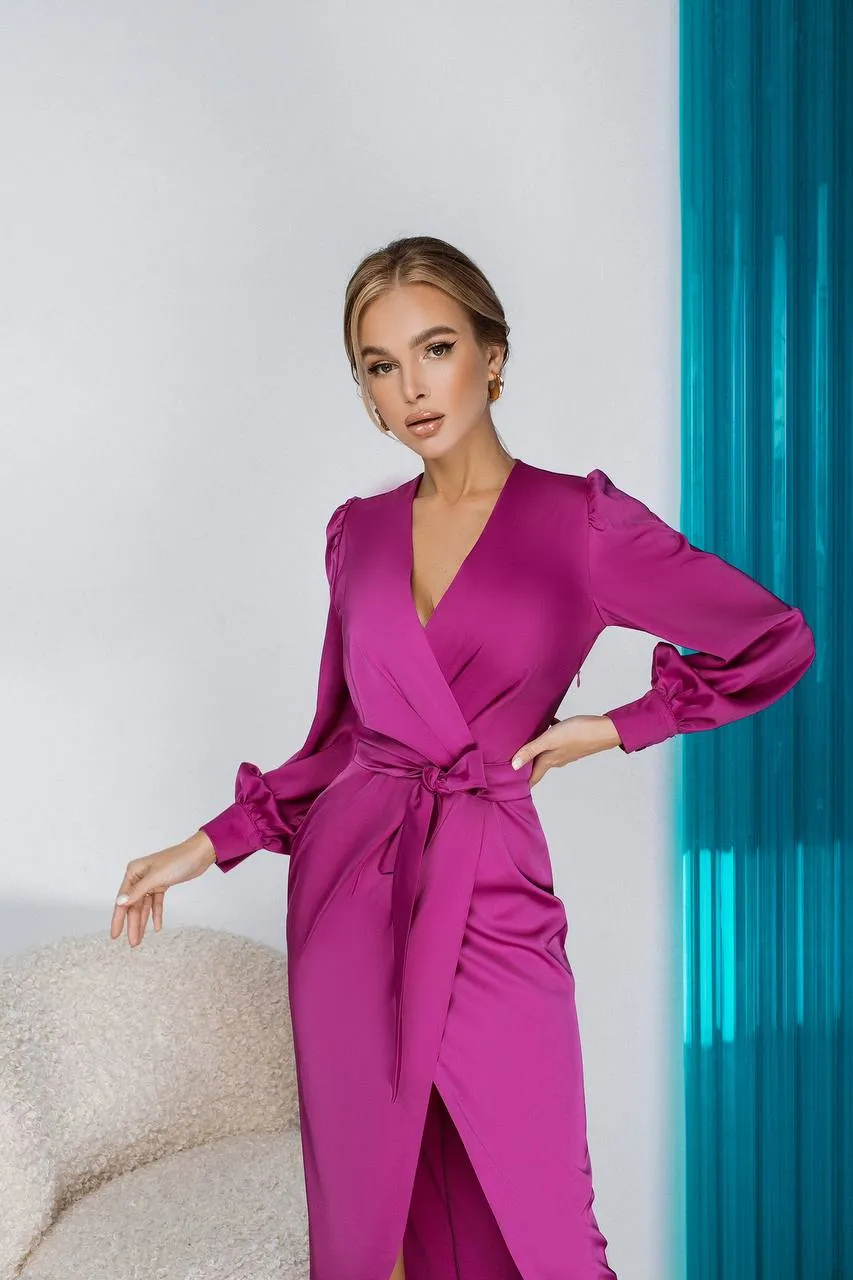 Fuchsia Wrap Long Sleeve Midi Dress