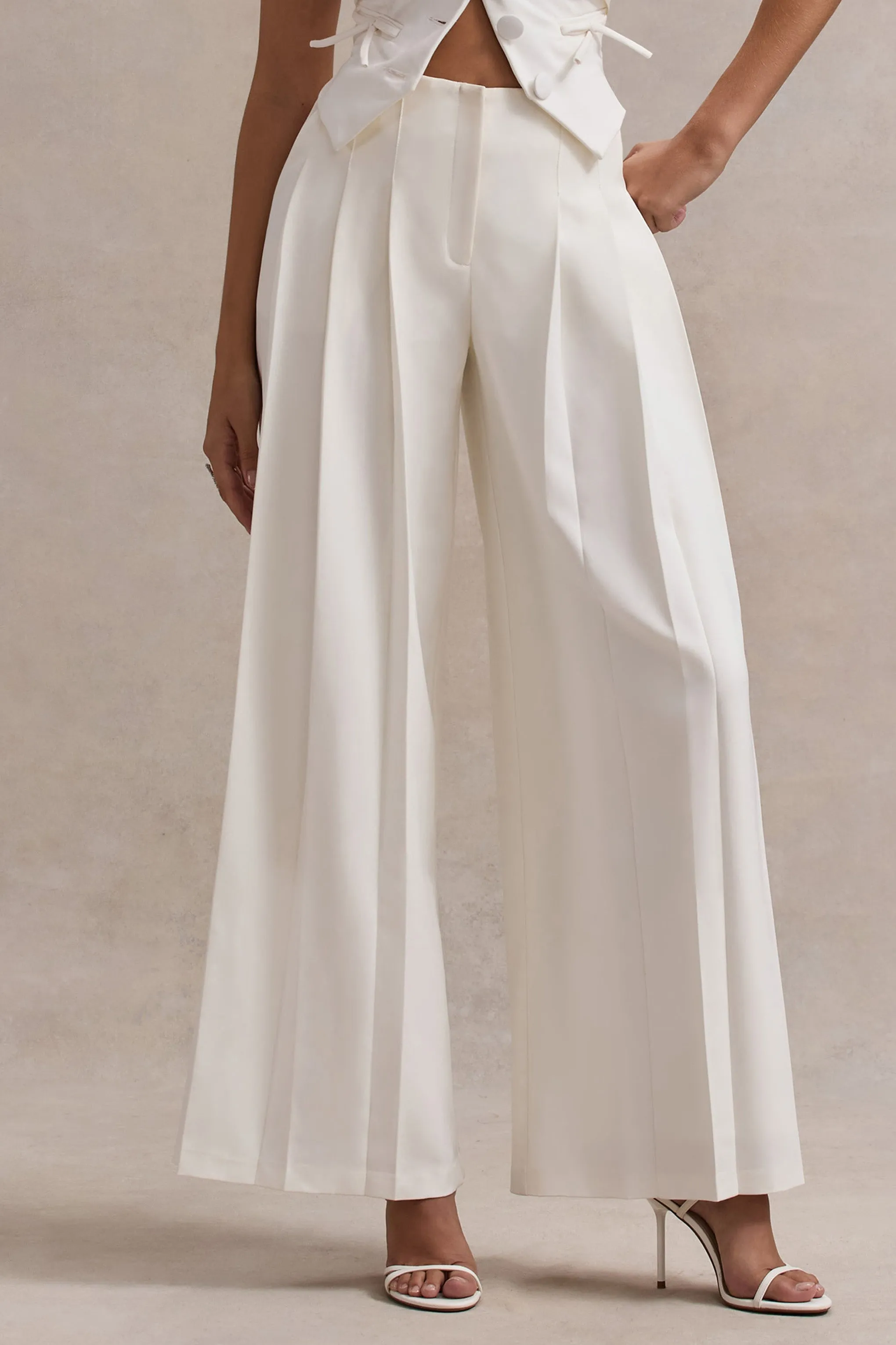 Galilea | Cream Plisse Wide-Leg Trousers