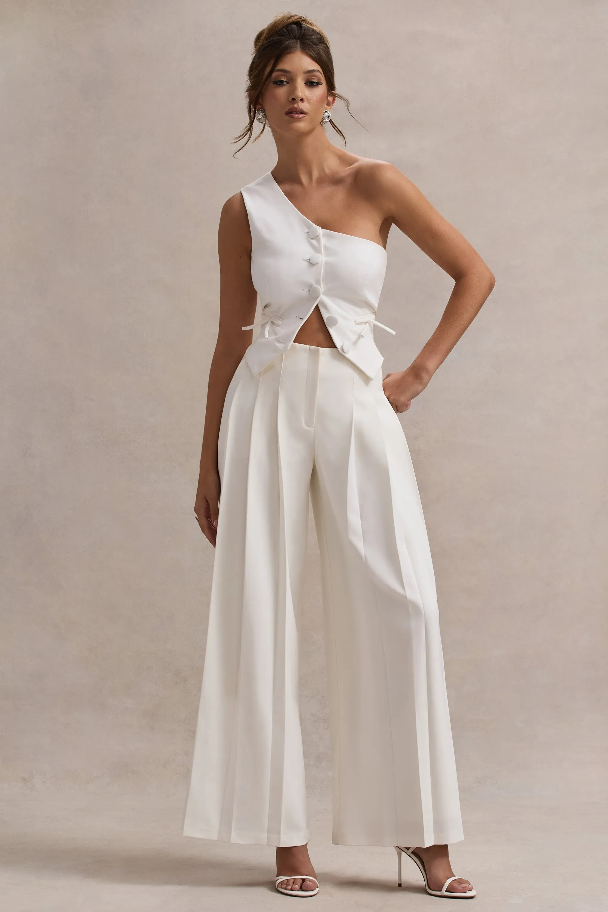 Galilea | Cream Plisse Wide-Leg Trousers