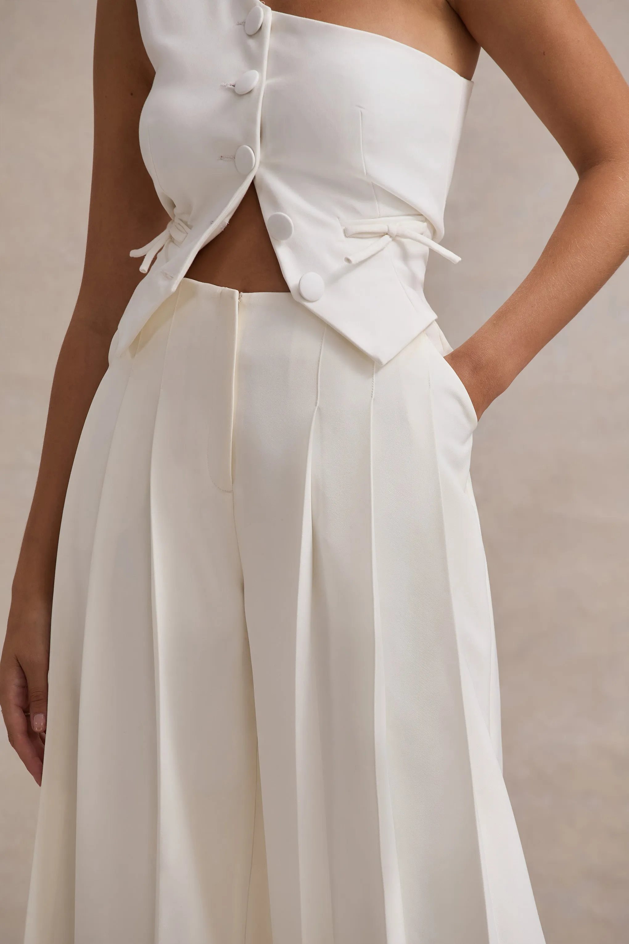 Galilea | Cream Plisse Wide-Leg Trousers