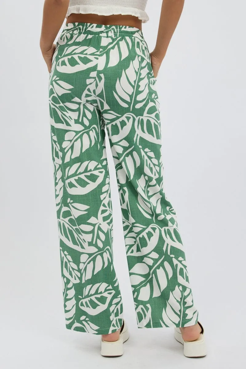 Green Abstract Wide Leg Pants Elasticated Waist