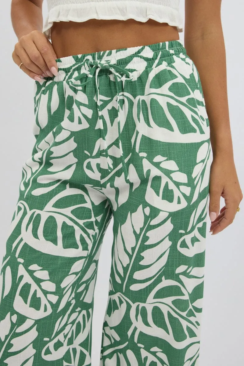 Green Abstract Wide Leg Pants Elasticated Waist