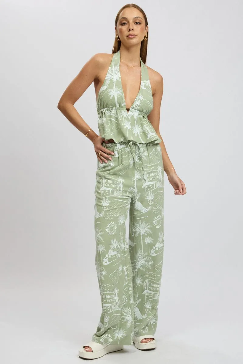 Green Abstract Wide Leg Pants High Rise