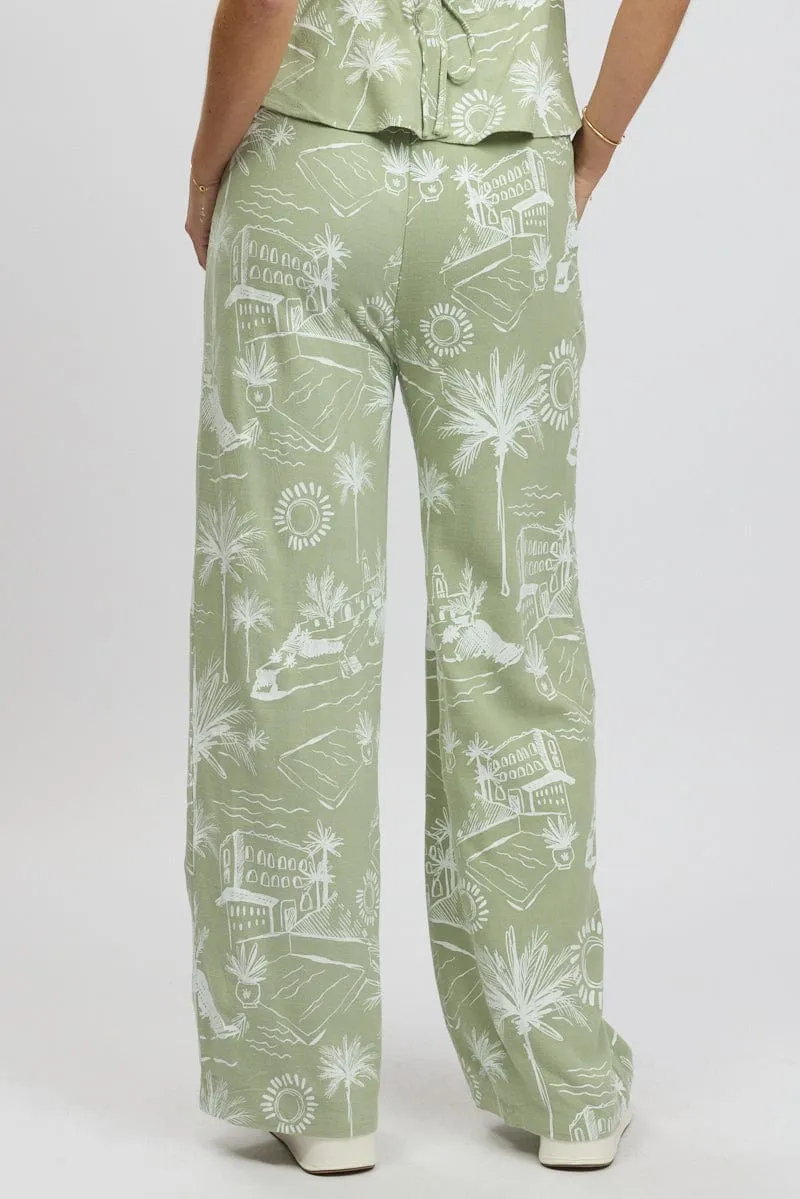 Green Abstract Wide Leg Pants High Rise