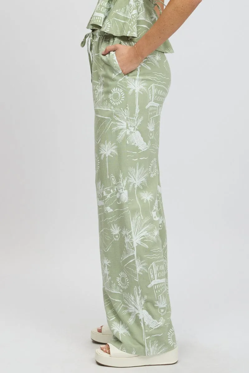Green Abstract Wide Leg Pants High Rise