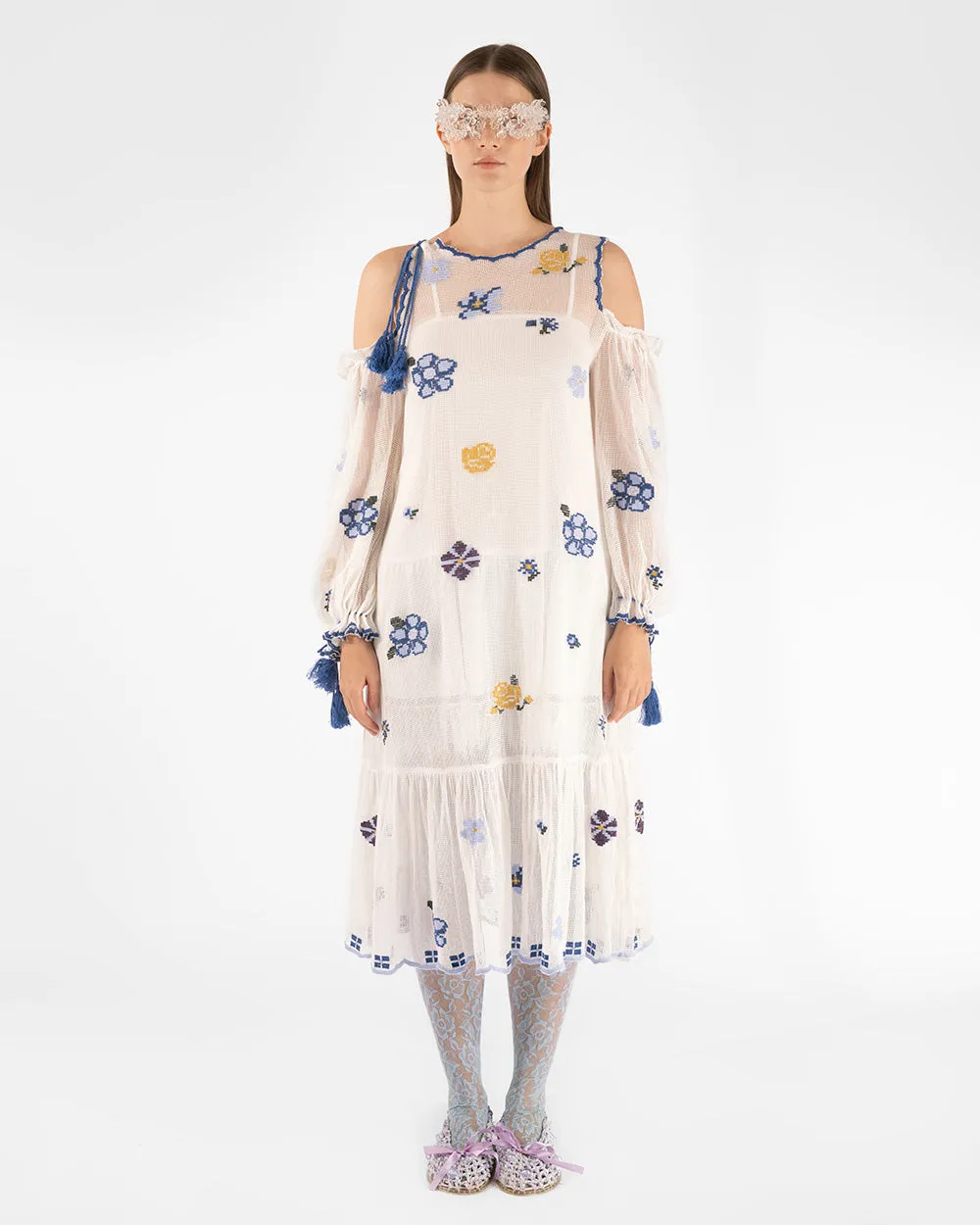 GRID EMBROIDERED OFF-SHOULDER DRESS