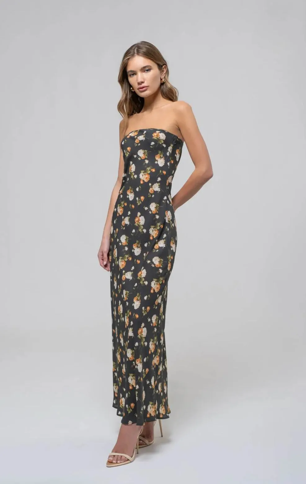 HUNTER GREEN FLORAL STRAPLESS SATIN MIDI DRESS