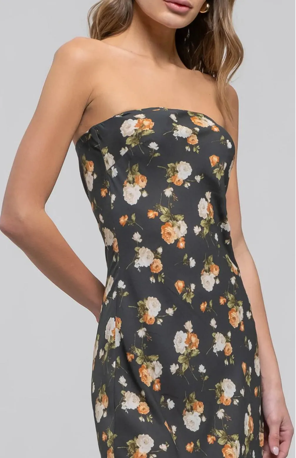 HUNTER GREEN FLORAL STRAPLESS SATIN MIDI DRESS