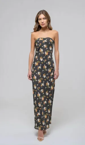 HUNTER GREEN FLORAL STRAPLESS SATIN MIDI DRESS