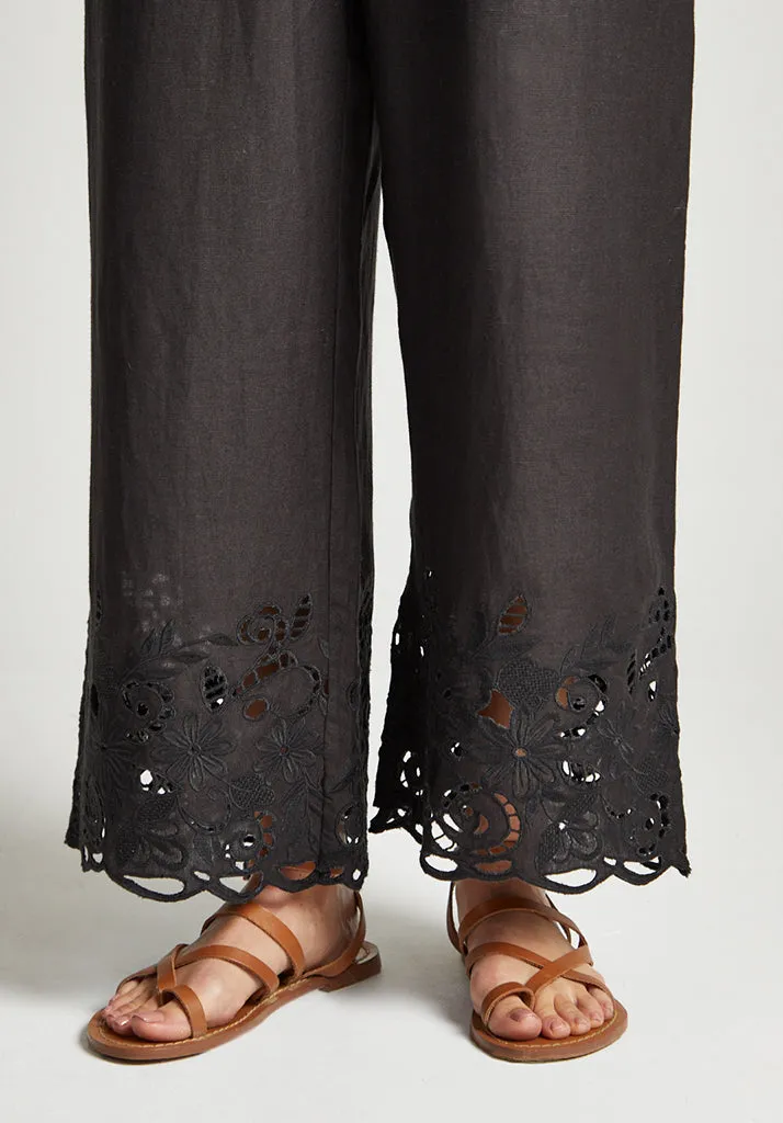 Laya Wide Leg Cutwork Trouser In Black