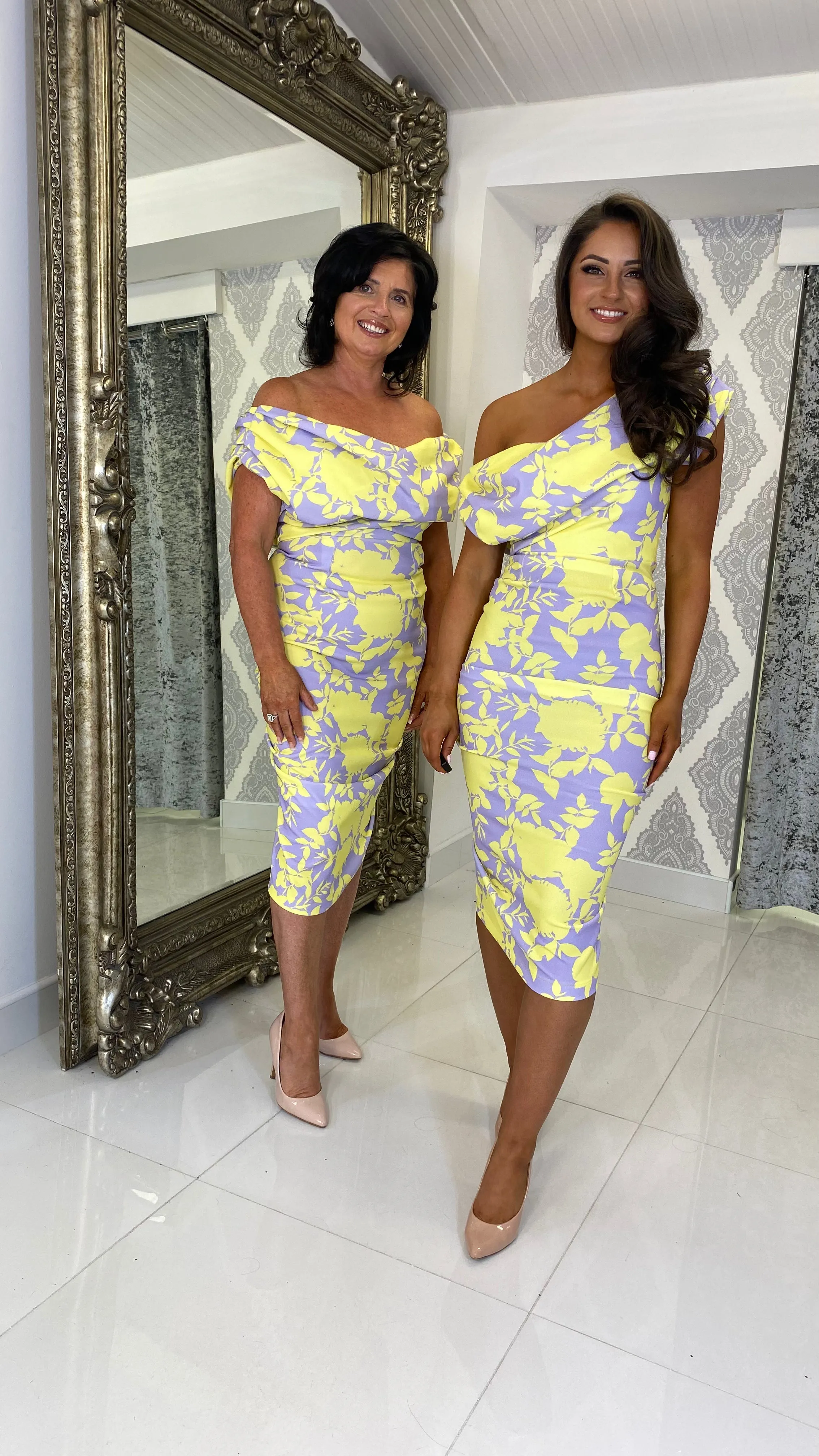 Lemon/Lilac Drape Shoulder Midi Bodycon Dress