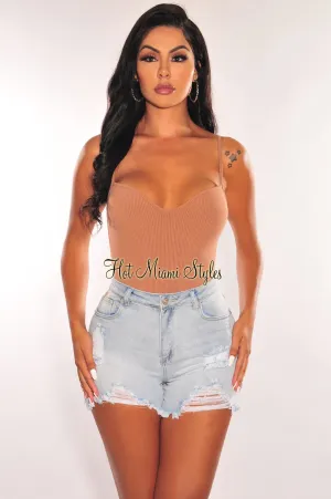 Light Denim Destroyed Frayed Hem Shorts
