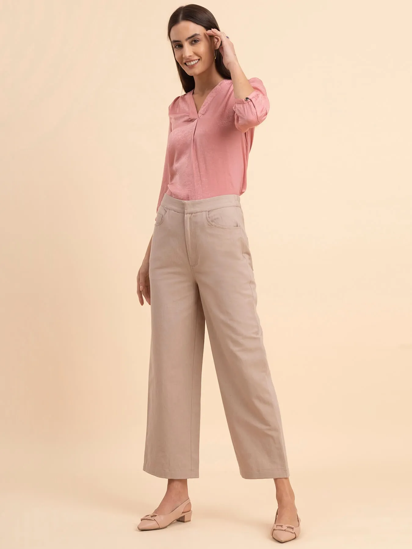 Linen Wide-Leg Trousers - Beige