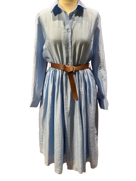 Midi Dress With Belt Pale Blue