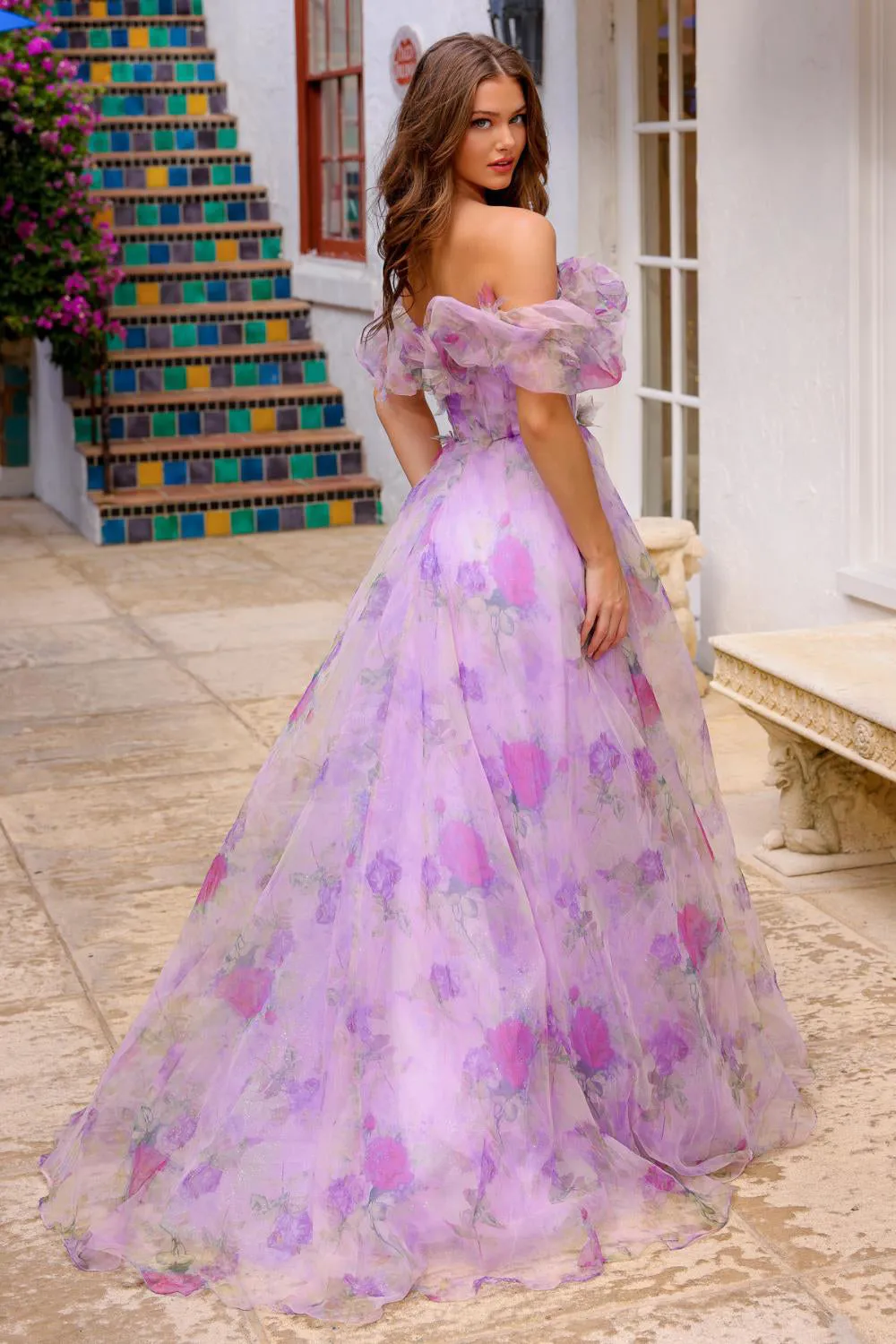 Off Shoulder A-Line Floral Print Long Prom Dress