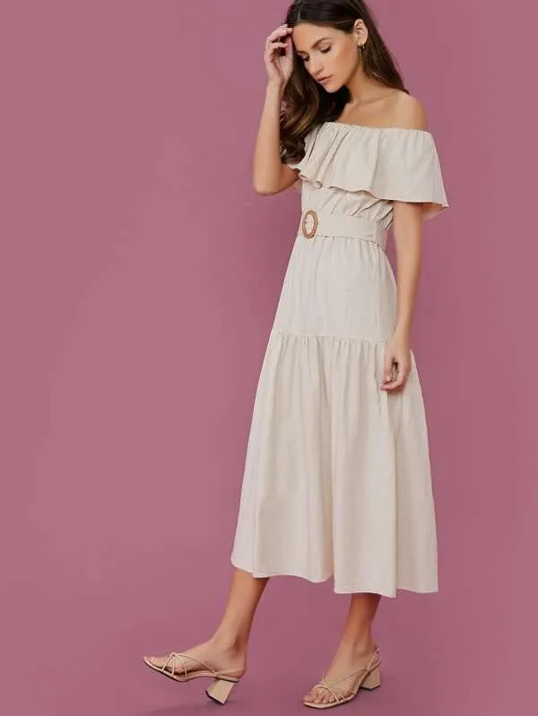 Off Shoulder Belted Waist Shirred Linen Midi Dress