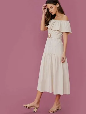 Off Shoulder Belted Waist Shirred Linen Midi Dress