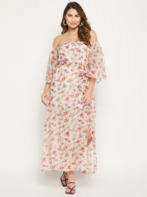 Off Shoulder Floral Printed Georgette Maxi Dress