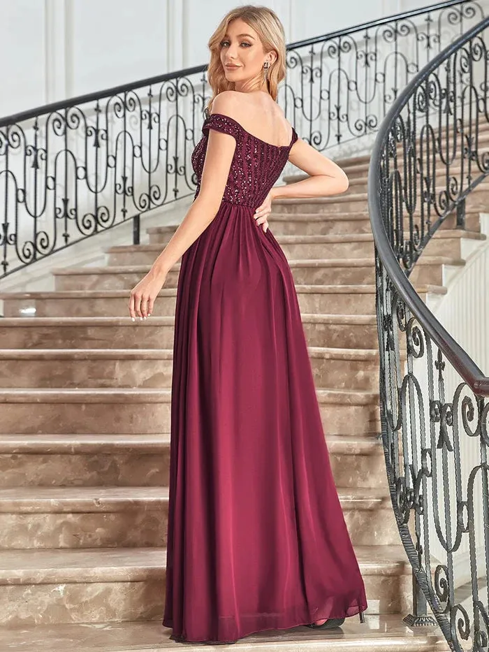 Off Shoulder Shining Paillette A-Line Maxi Evening Dress