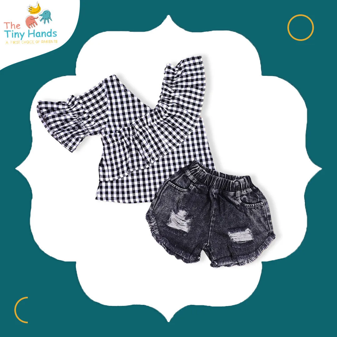 One Shoulder Denim Shorts Set