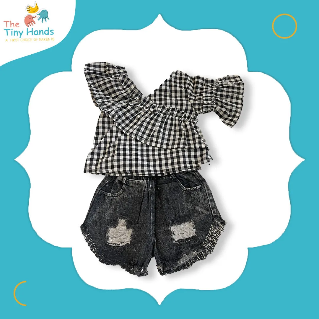 One Shoulder Denim Shorts Set