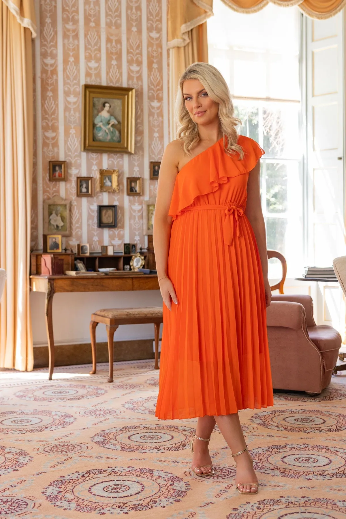 One Shoulder Midi Dress in Orange