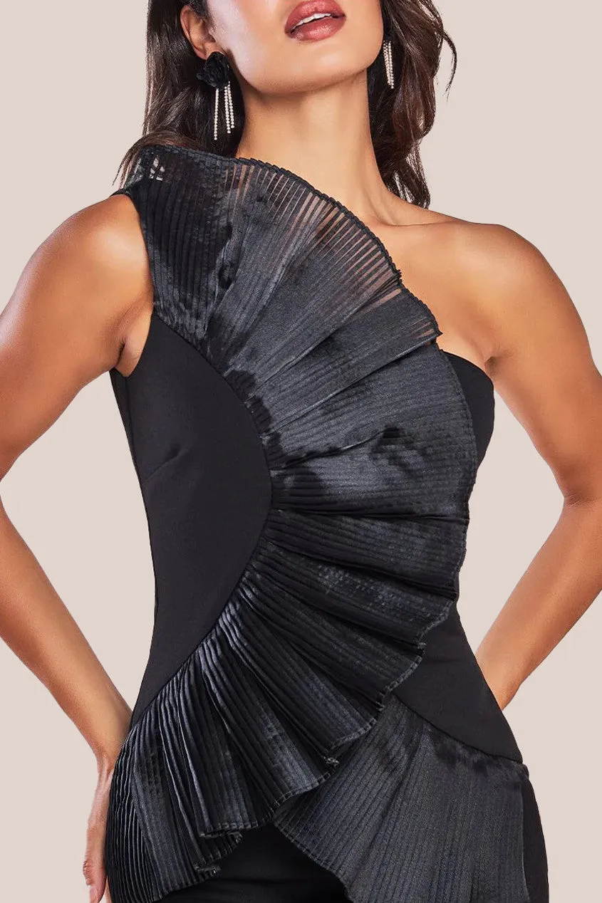 One Shoulder Pleated Fan Midi Dress - Black by Goddiva