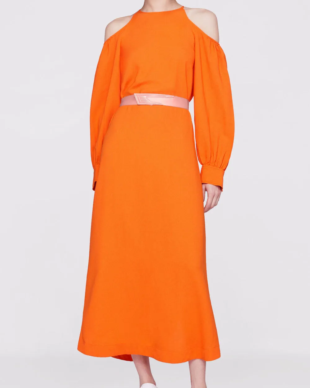 Orange Open Shoulder Belted Midi Dress