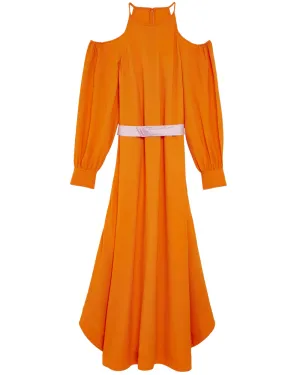 Orange Open Shoulder Belted Midi Dress