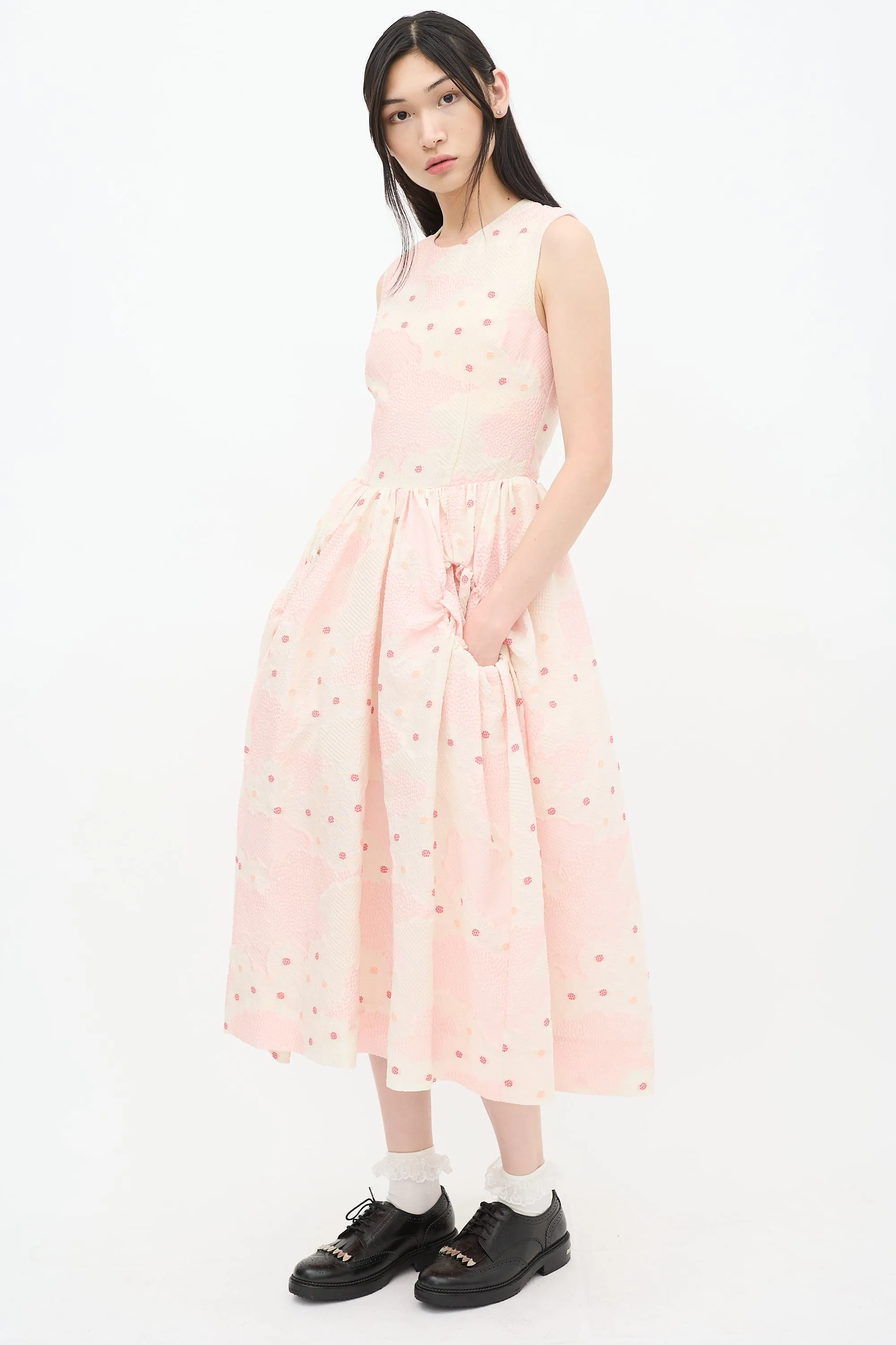 Pink & Cream Textured Floral A-Line Dress