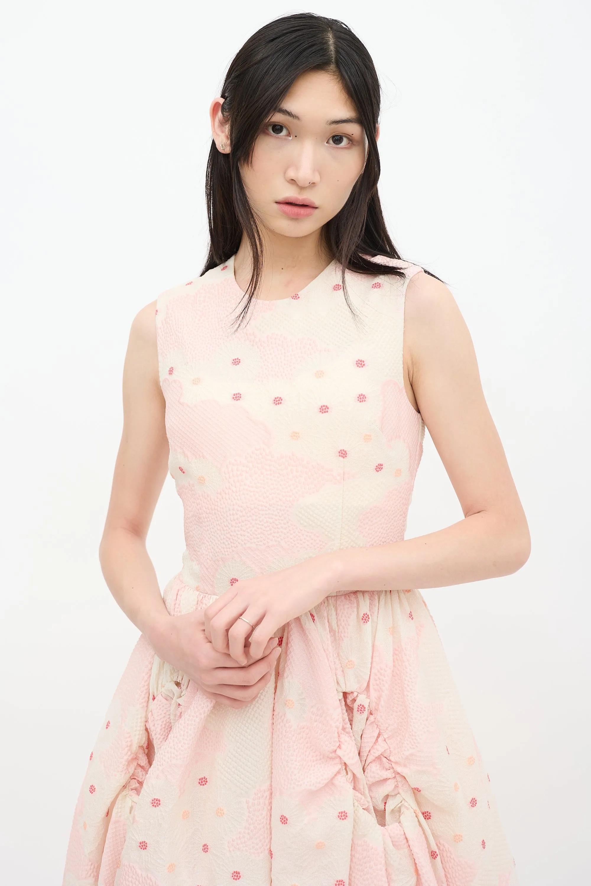 Pink & Cream Textured Floral A-Line Dress