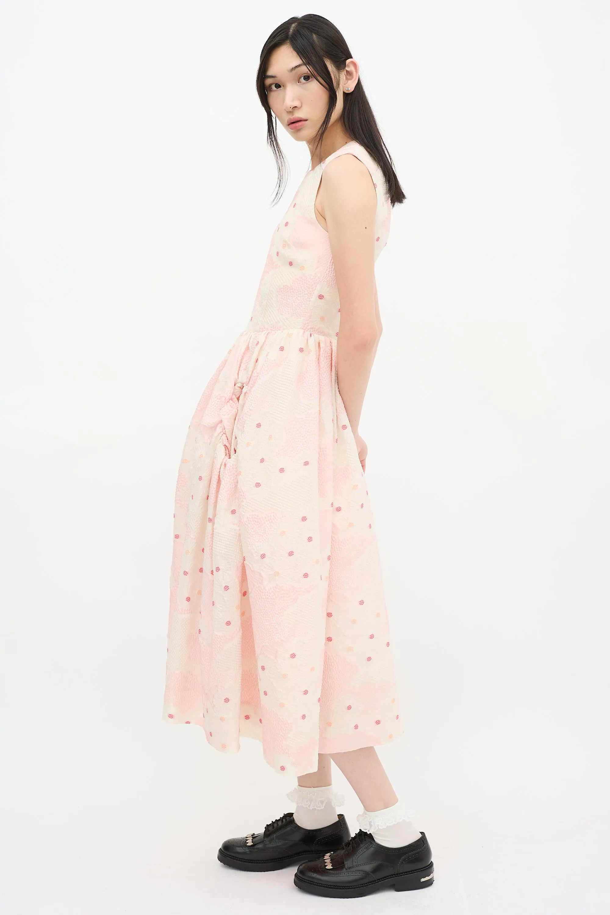 Pink & Cream Textured Floral A-Line Dress
