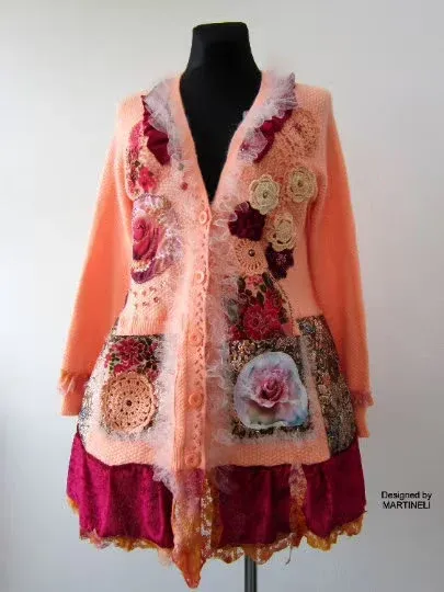 Pink Knit Cardigan,XL Gypsy Floral Embroidered Cardigan