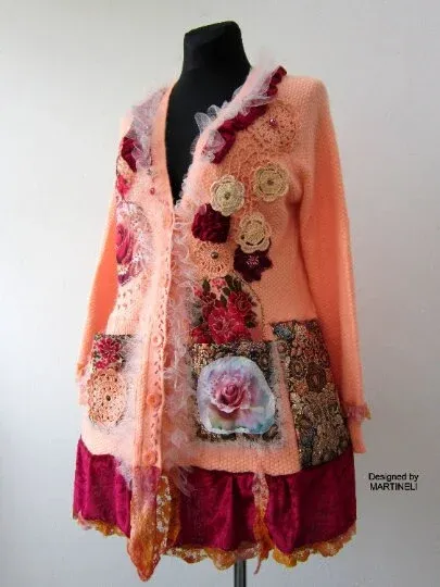 Pink Knit Cardigan,XL Gypsy Floral Embroidered Cardigan