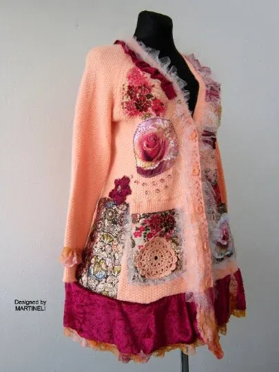 Pink Knit Cardigan,XL Gypsy Floral Embroidered Cardigan