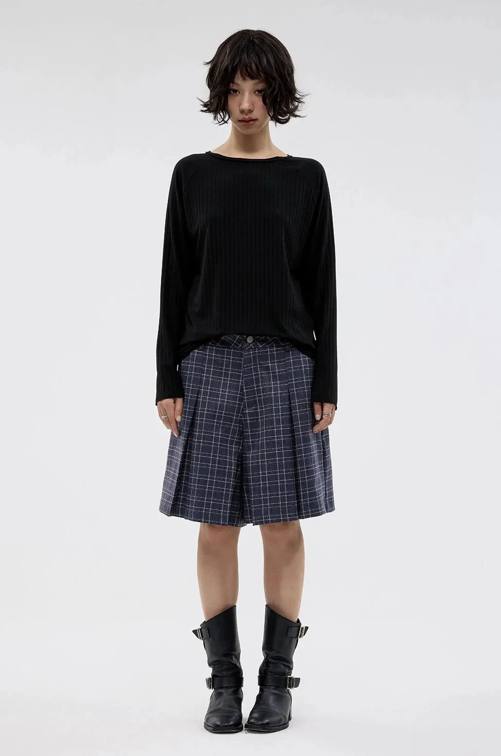 Plaid Pleated Bermuda Shorts