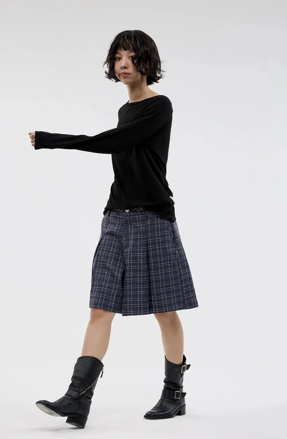 Plaid Pleated Bermuda Shorts
