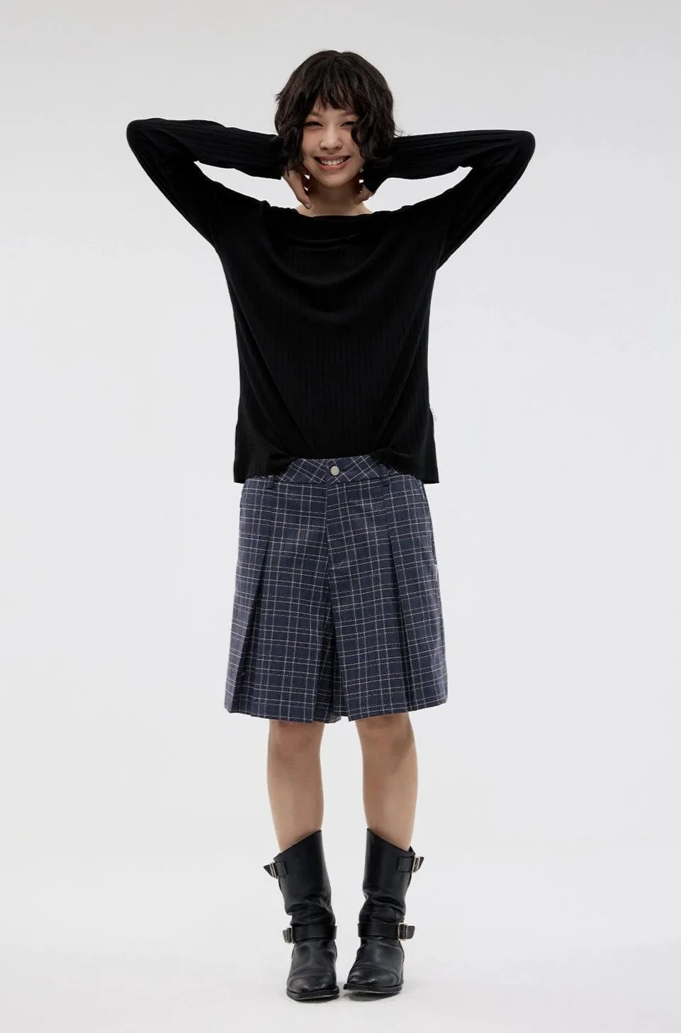 Plaid Pleated Bermuda Shorts