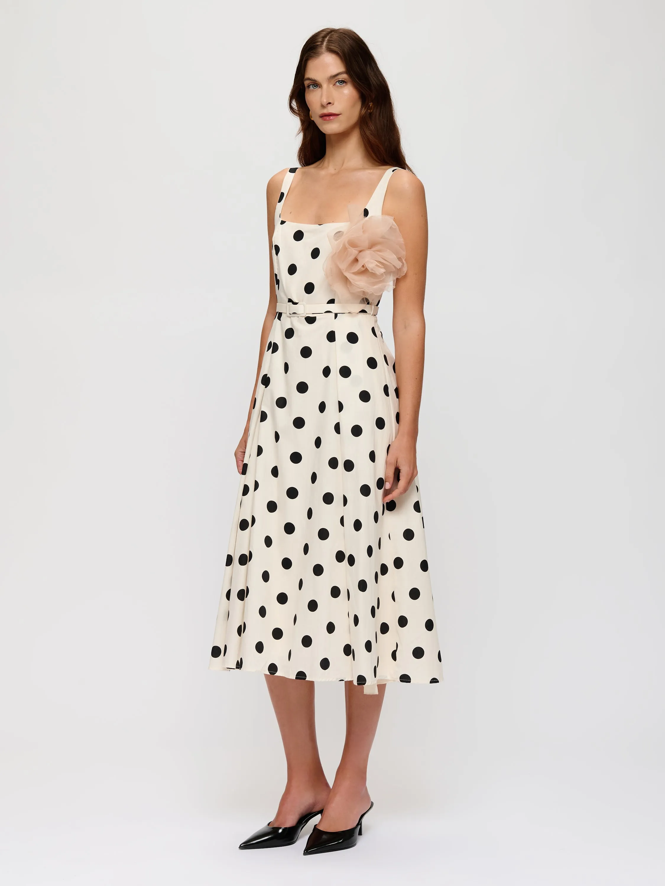 Polka-Dot Belted Midi Dress