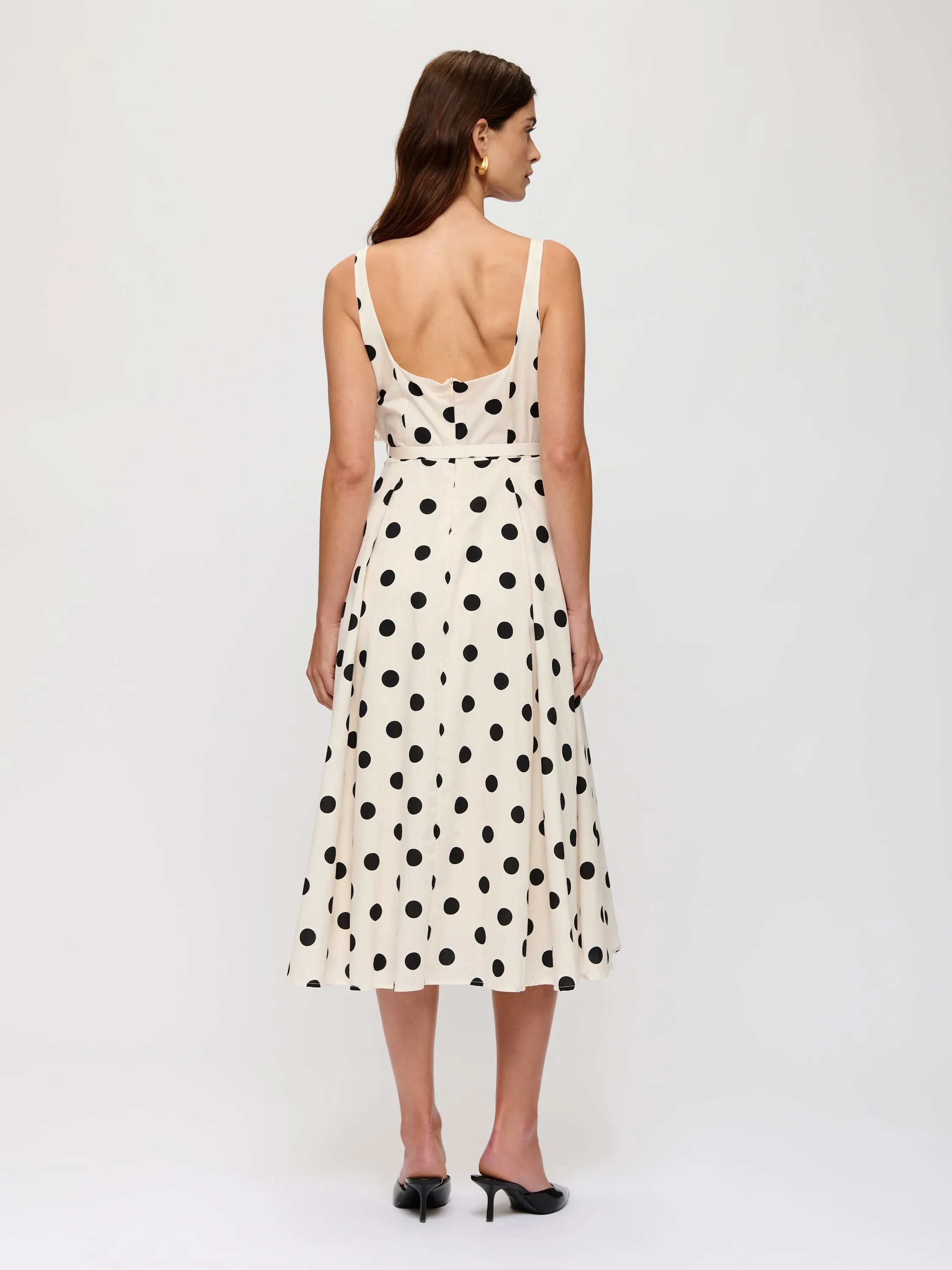 Polka-Dot Belted Midi Dress