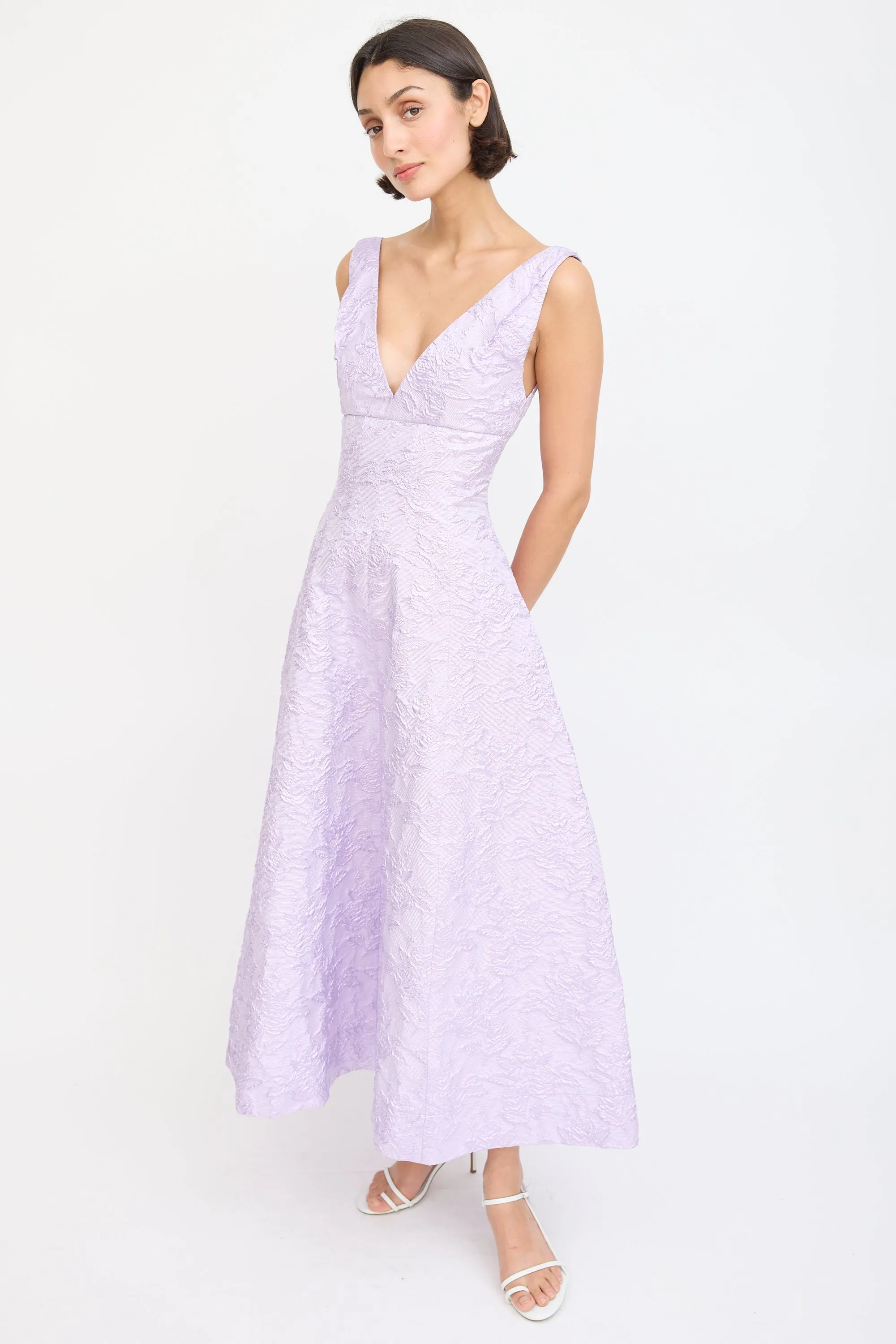 Purple Sparkly Floral Jacquard A-Line Dress