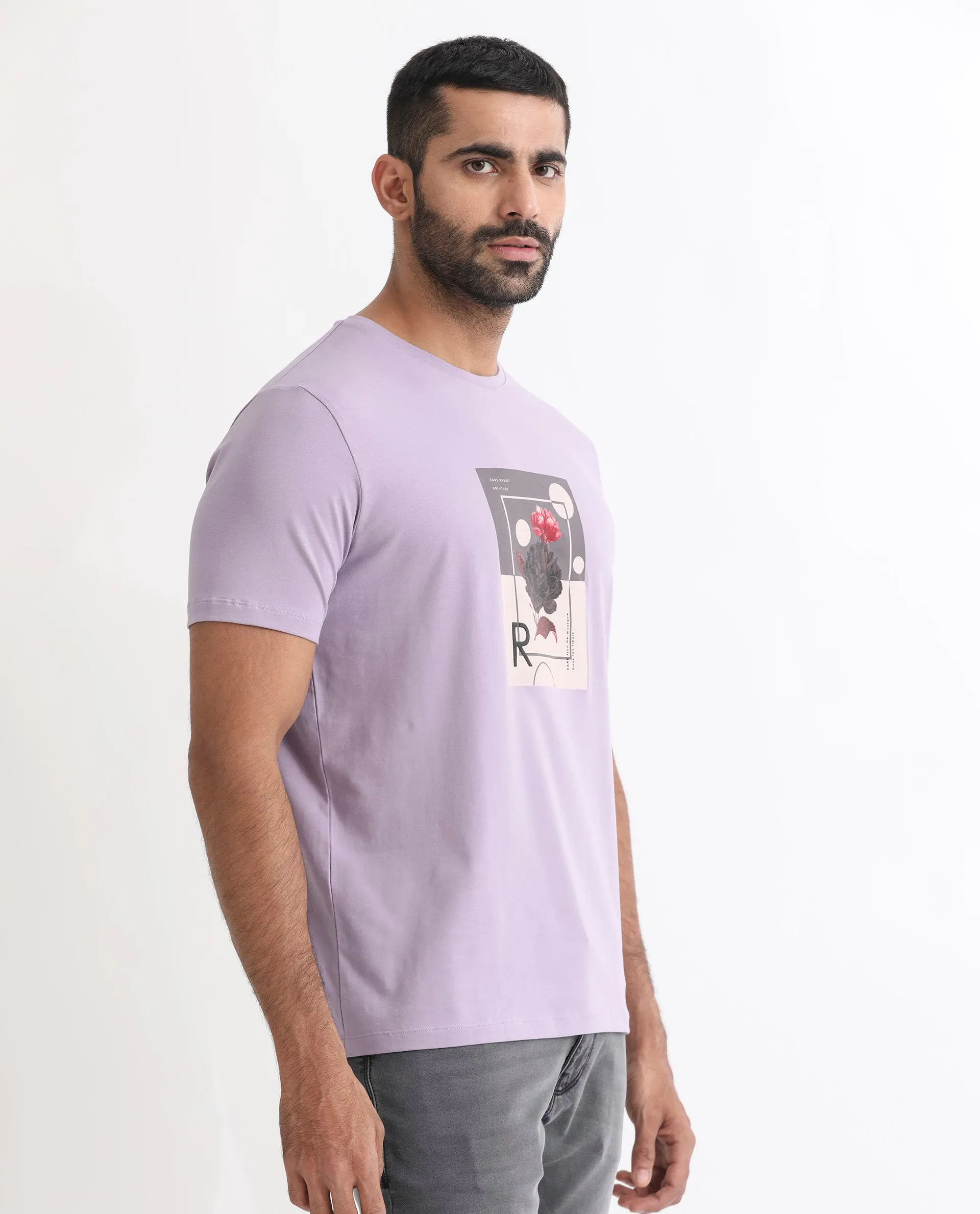 Rare Rabbit Men's Dryden Light Purple Crew Neck Floral Graphic HD Print Half Sleeves Slim Fit T-Shirt