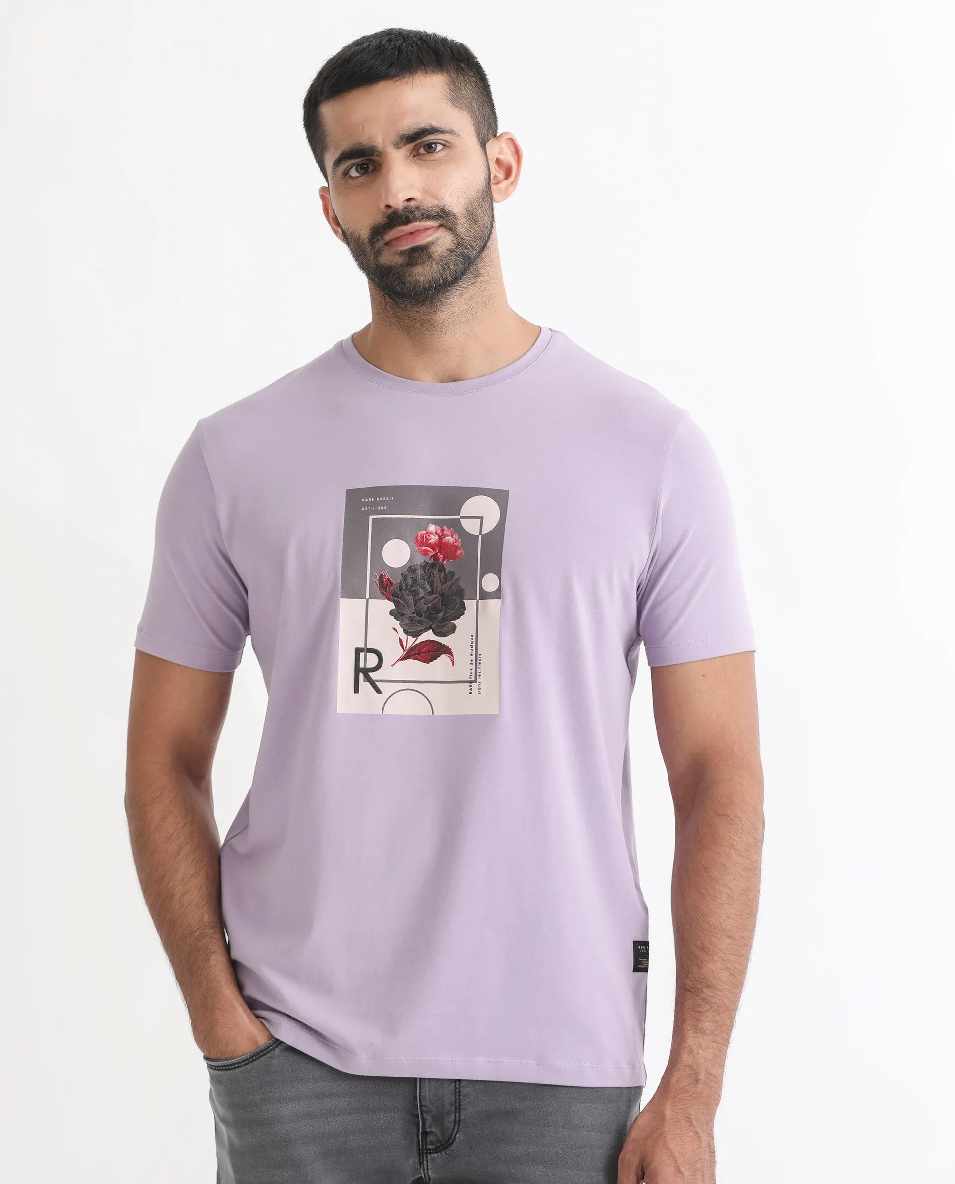Rare Rabbit Men's Dryden Light Purple Crew Neck Floral Graphic HD Print Half Sleeves Slim Fit T-Shirt
