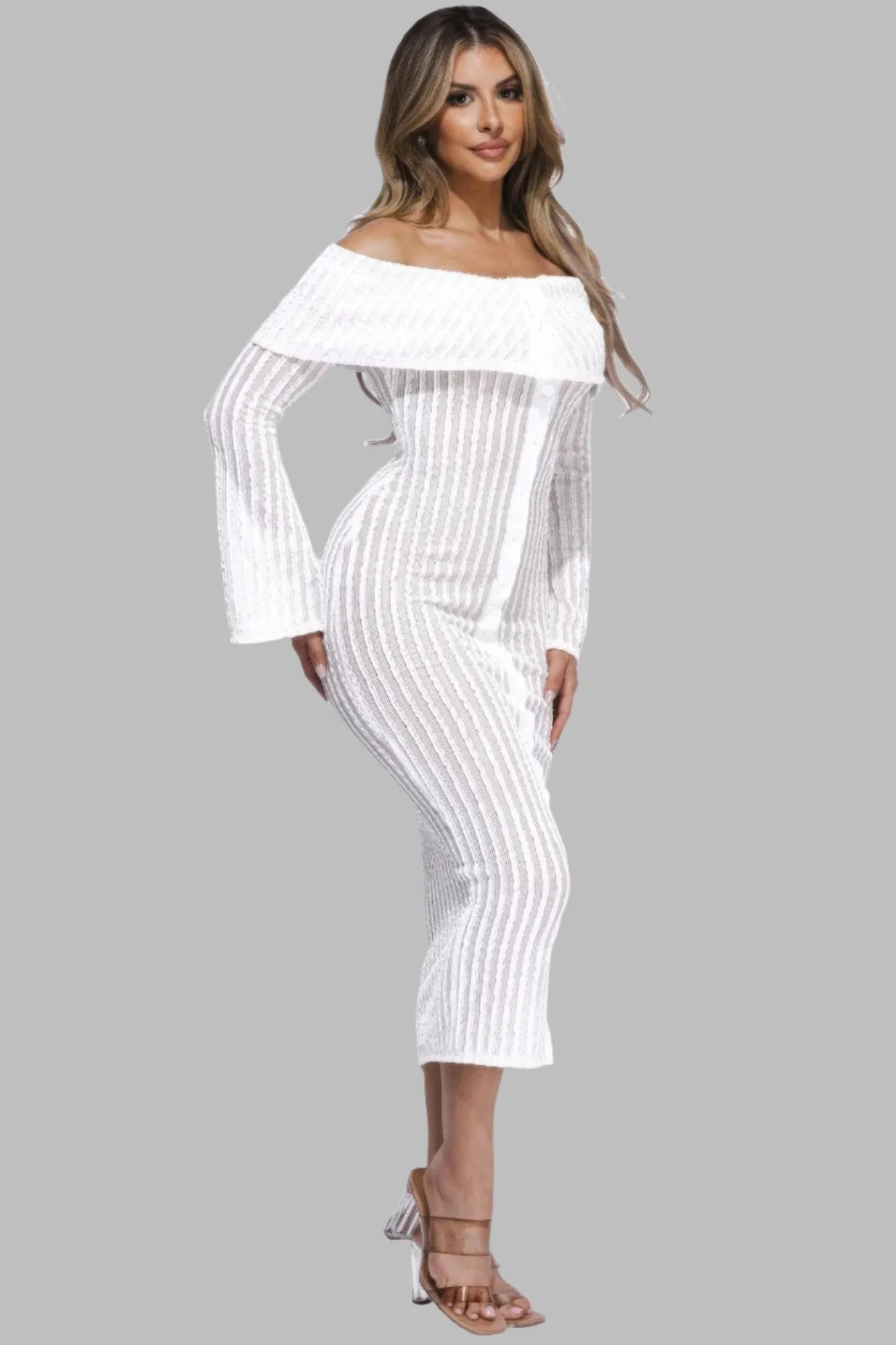 Ruffled Fabric Off Shoulder Midi Dress With Flared Sleeve