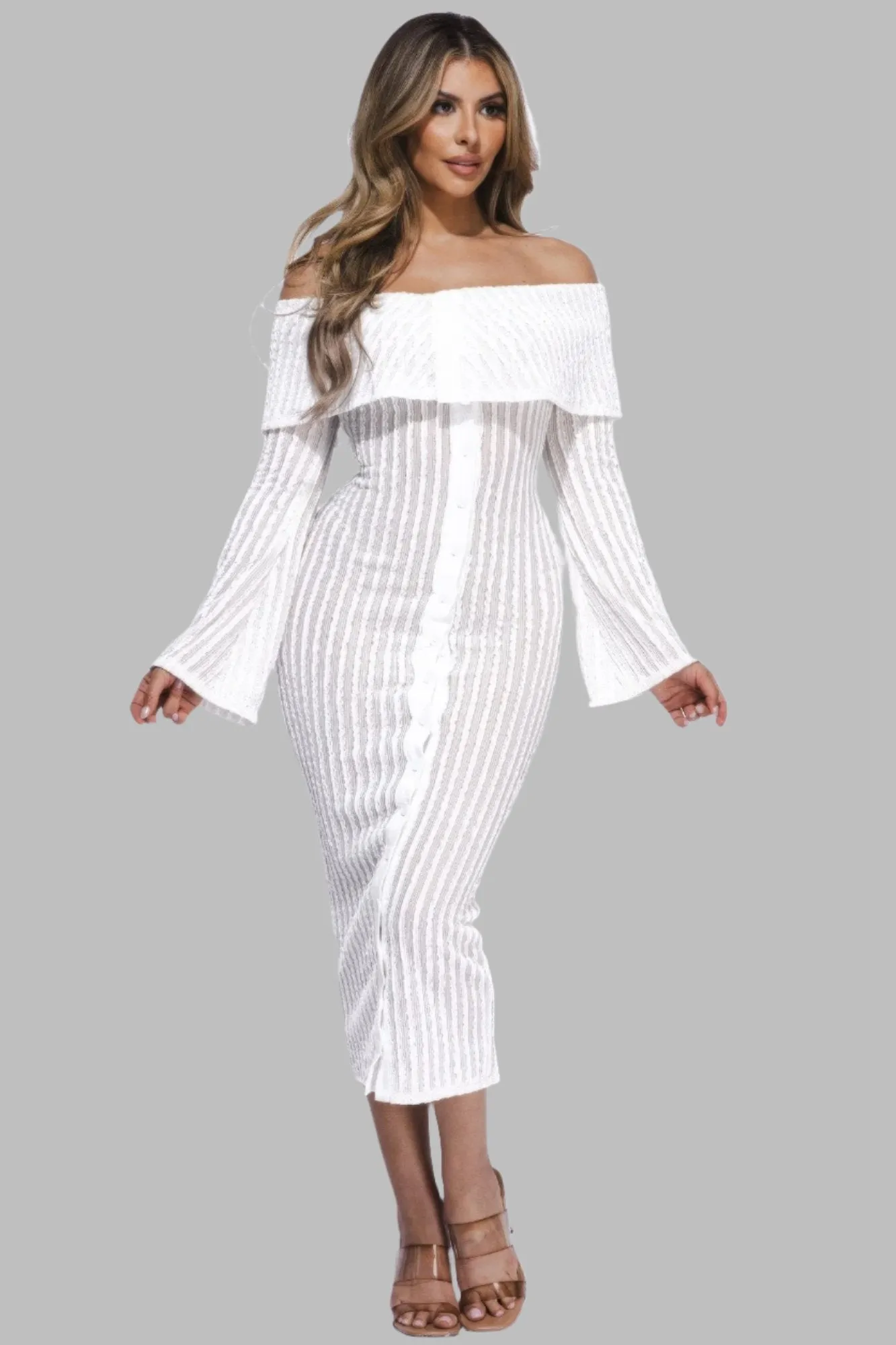 Ruffled Fabric Off Shoulder Midi Dress With Flared Sleeve