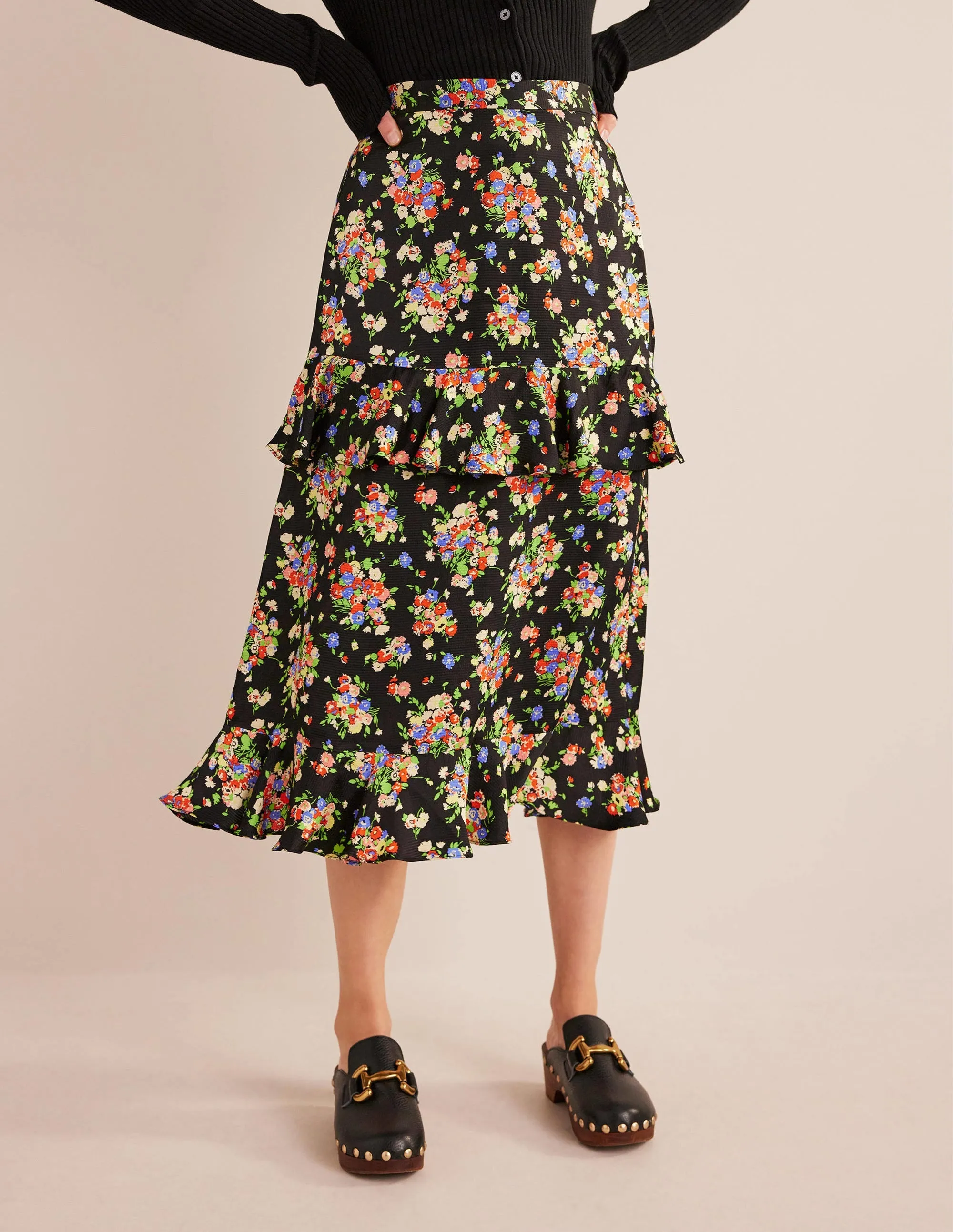 Satin Ruffle Midi Skirt-Black, Wild Cluster
