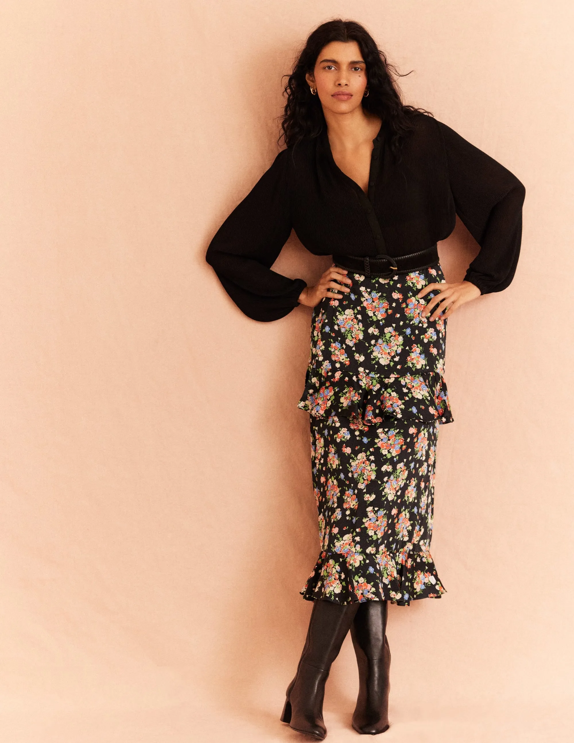 Satin Ruffle Midi Skirt-Black, Wild Cluster